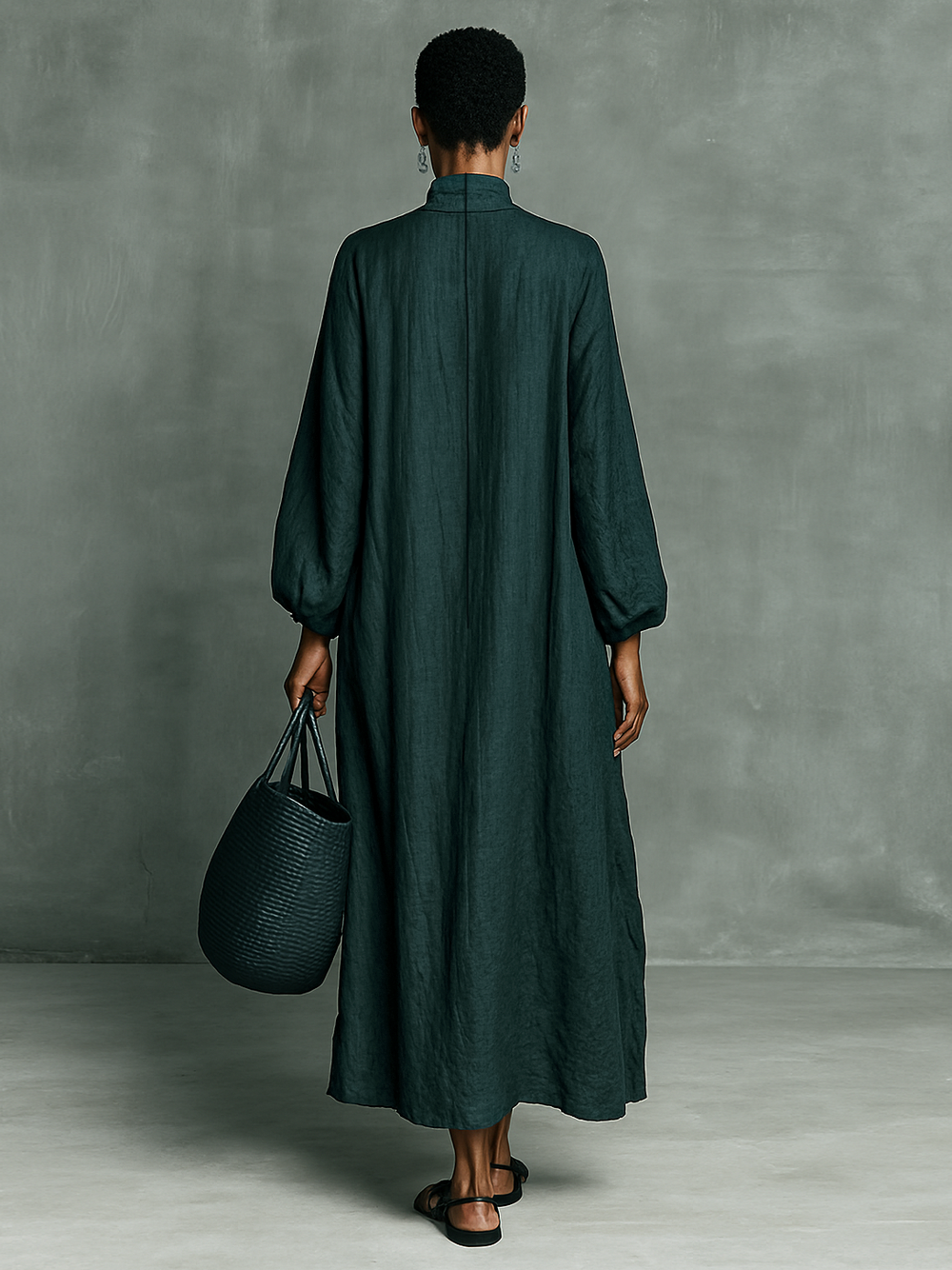 Back view teal maxi dress with high neck and loose A-line silhouette