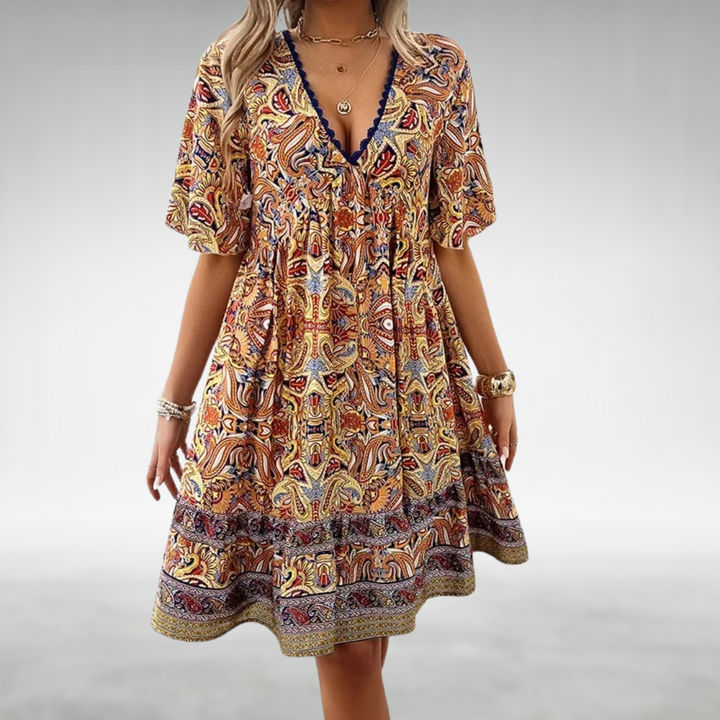 Multicolor paisley elegant dress with V-neck, short flutter sleeves, gathered tiered skirt