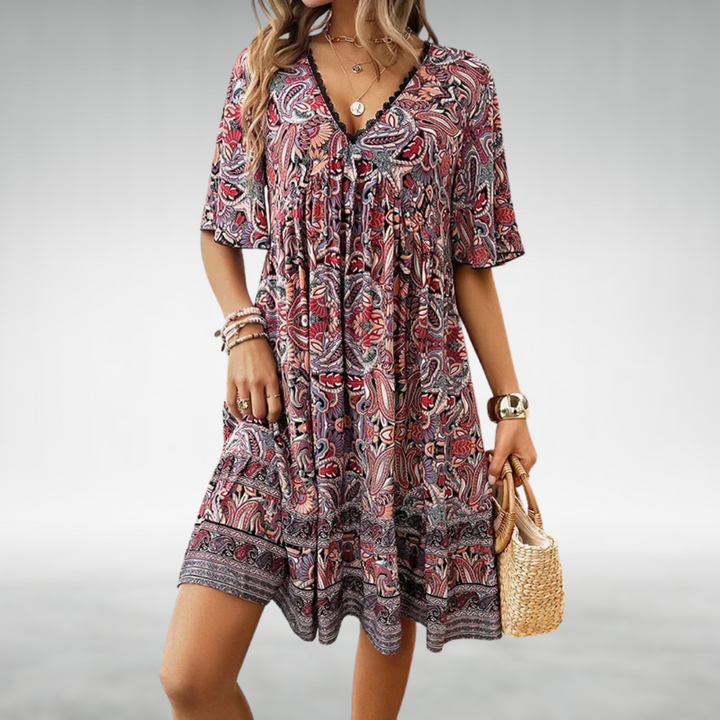 Burgundy paisley elegant dress with V-neck, short flutter sleeves, gathered tiered skirt