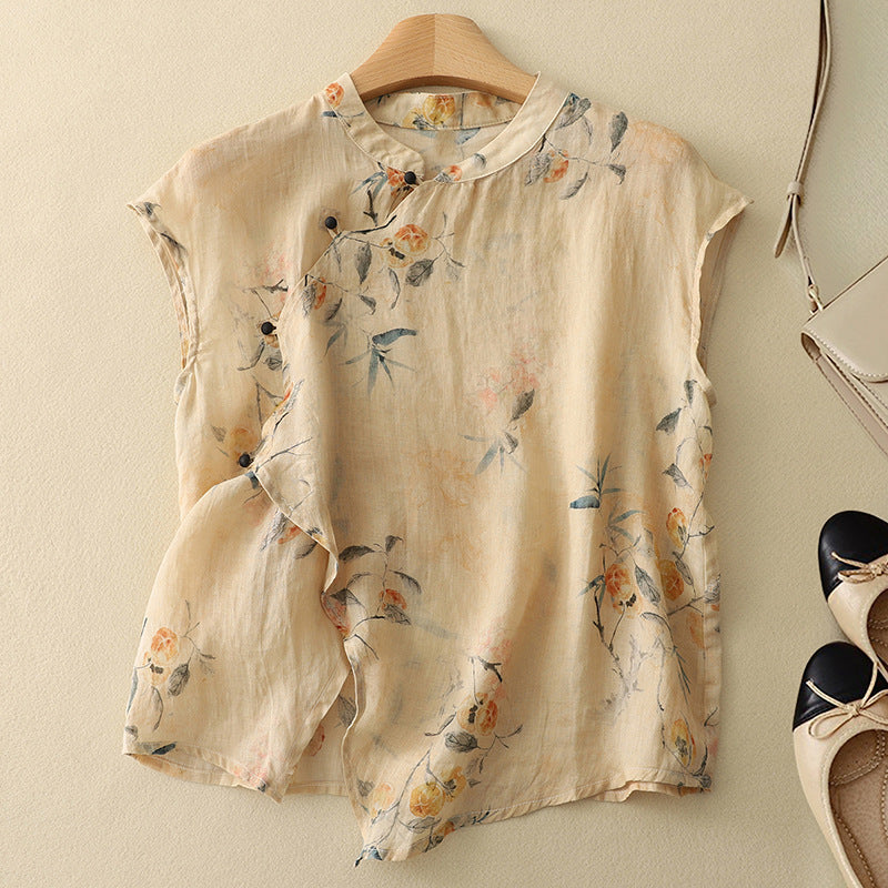 Beige sleeveless linen top with multicolor botanical floral print