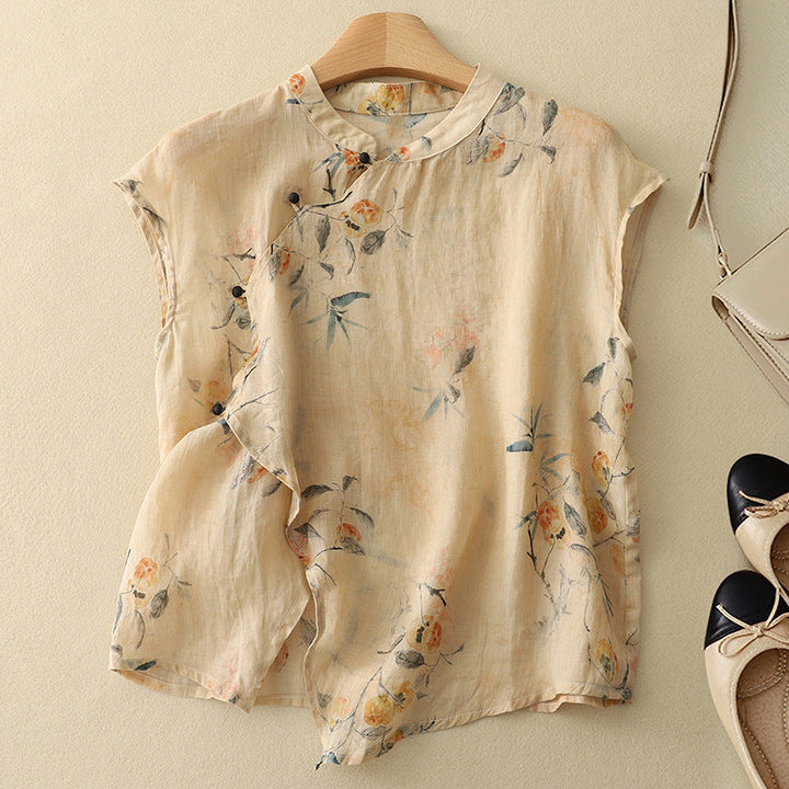 Beige linen sleeveless top with botanical floral print and button-front placket