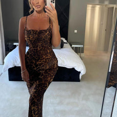 Leopard print spaghetti maxi dress with sleeveless square neck and fitted full-length view