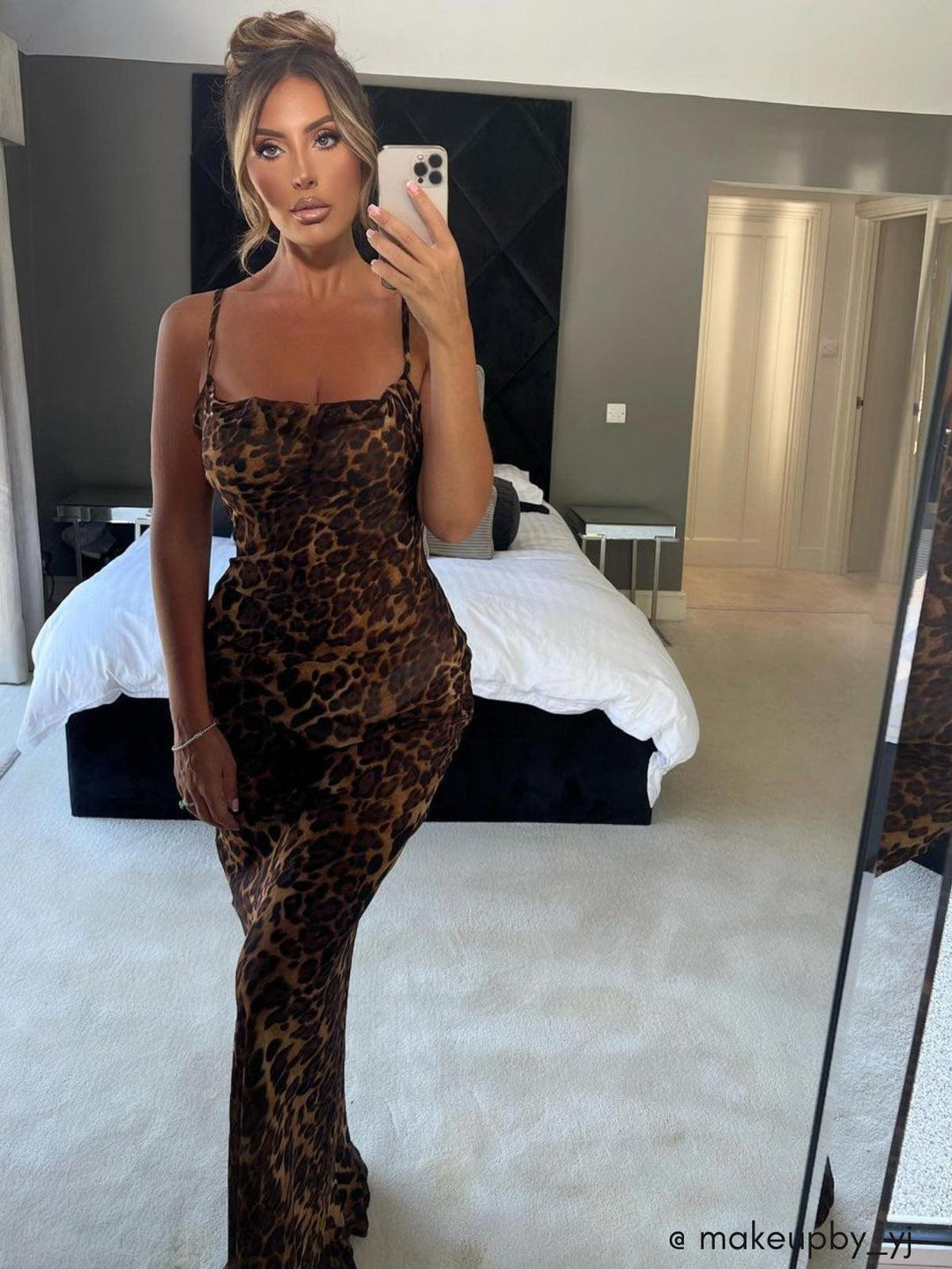 Leopard print spaghetti maxi dress with sleeveless square neck and fitted full-length view