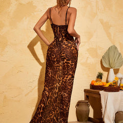 Leopard print spaghetti maxi dress from back view with spaghetti straps and floor length