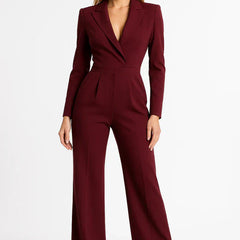 Luxe blazer jumpsuit with V-neck, long sleeves, wide-leg pants in dark red