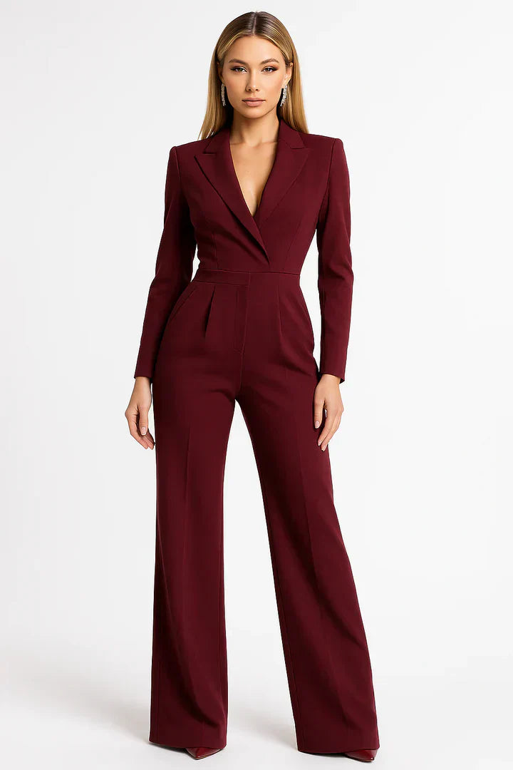 Luxe blazer jumpsuit with V-neck, long sleeves, wide-leg pants in dark red