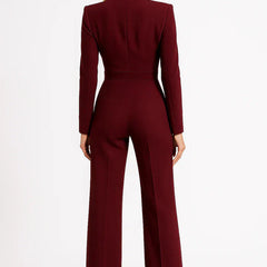 Luxe blazer jumpsuit back view with long sleeves and wide-leg pants in dark red