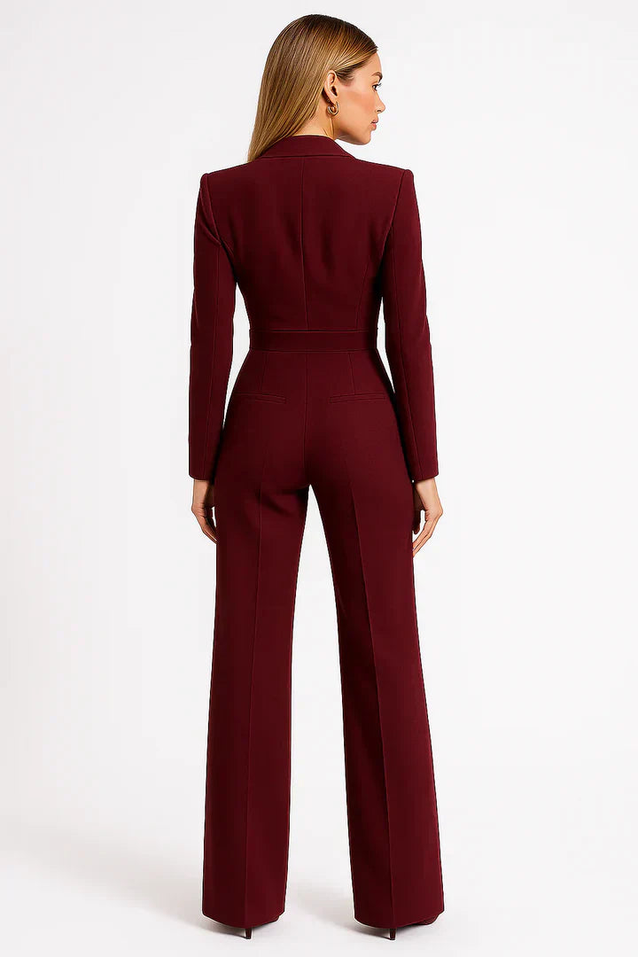 Luxe blazer jumpsuit back view with long sleeves and wide-leg pants in dark red
