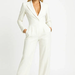 Luxe blazer jumpsuit with V-neck, long sleeves, wide-leg pants in white