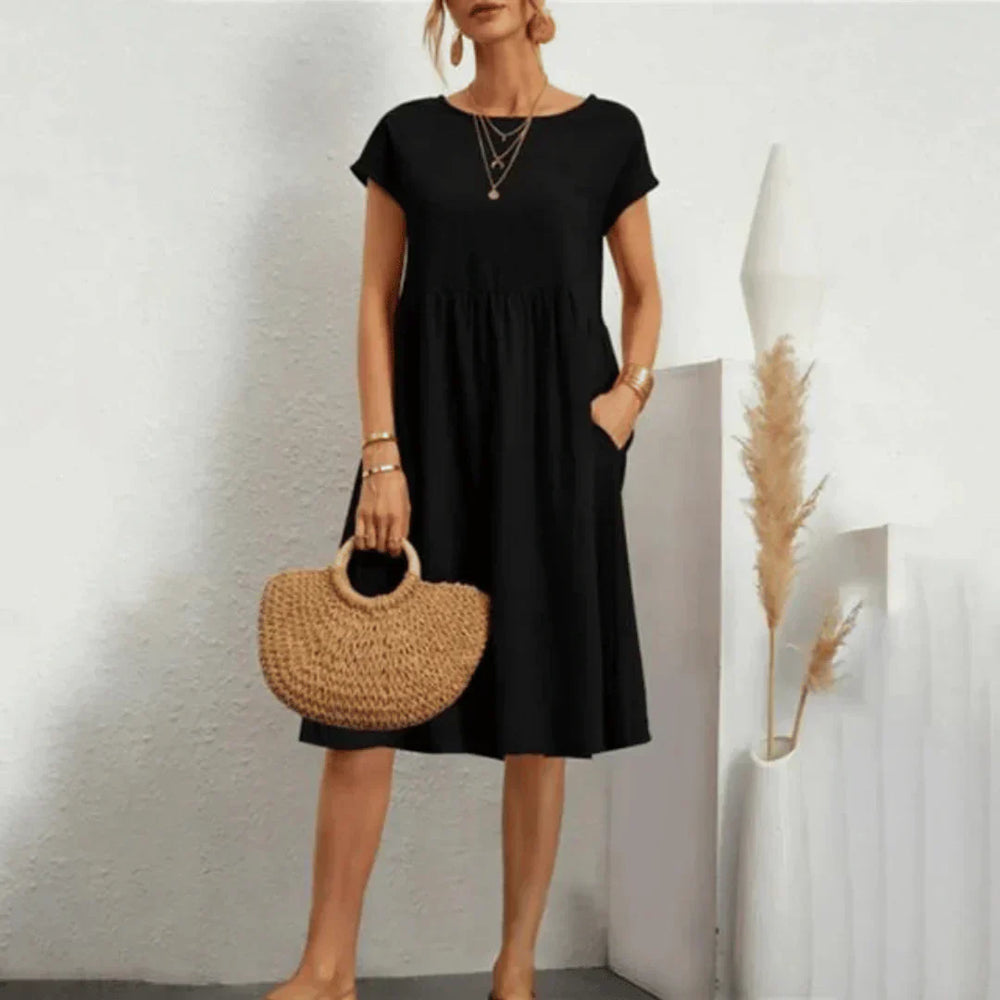 Mira™ relaxed midi dress, black, short sleeves, scoop neck, gathered waist