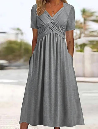 Gray midi dress with V-neck, short sleeves, and ruched crossover waist