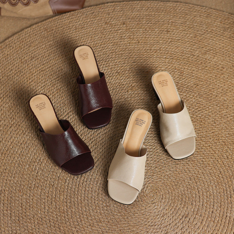 Maroon and beige leather mule slides, open toe, low block heel, slip-on