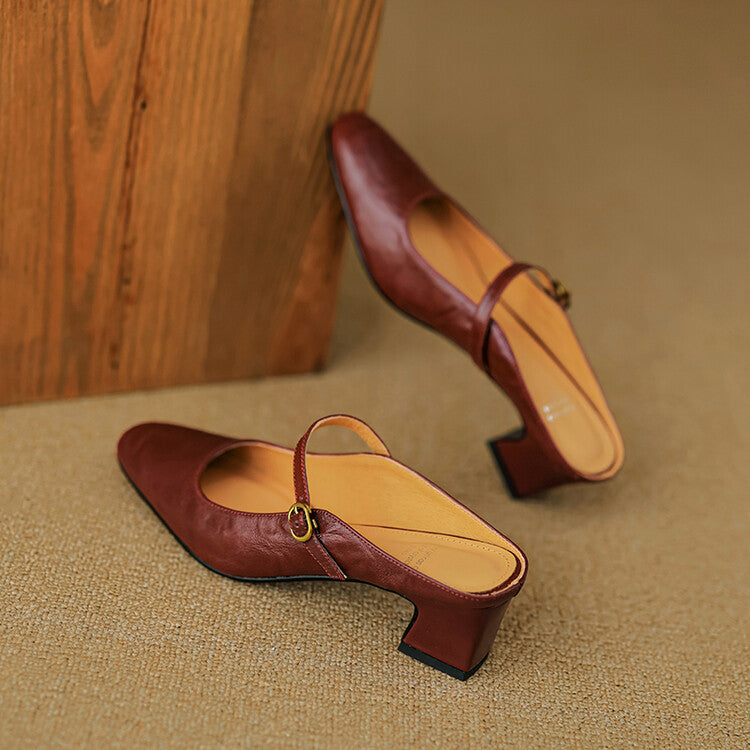 Maroon leather mules with sling strap and low block heel, tan insole view