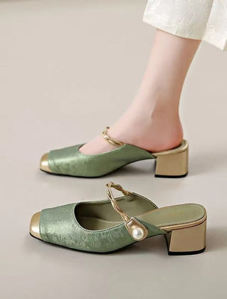 Green genuine leather mules, block heel, chain strap with pearl accent, square toe.