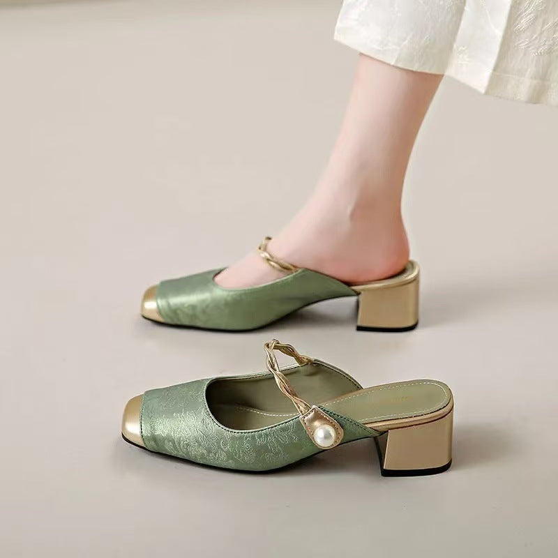 Green genuine leather mules, block heel, chain strap with pearl accent, square toe.