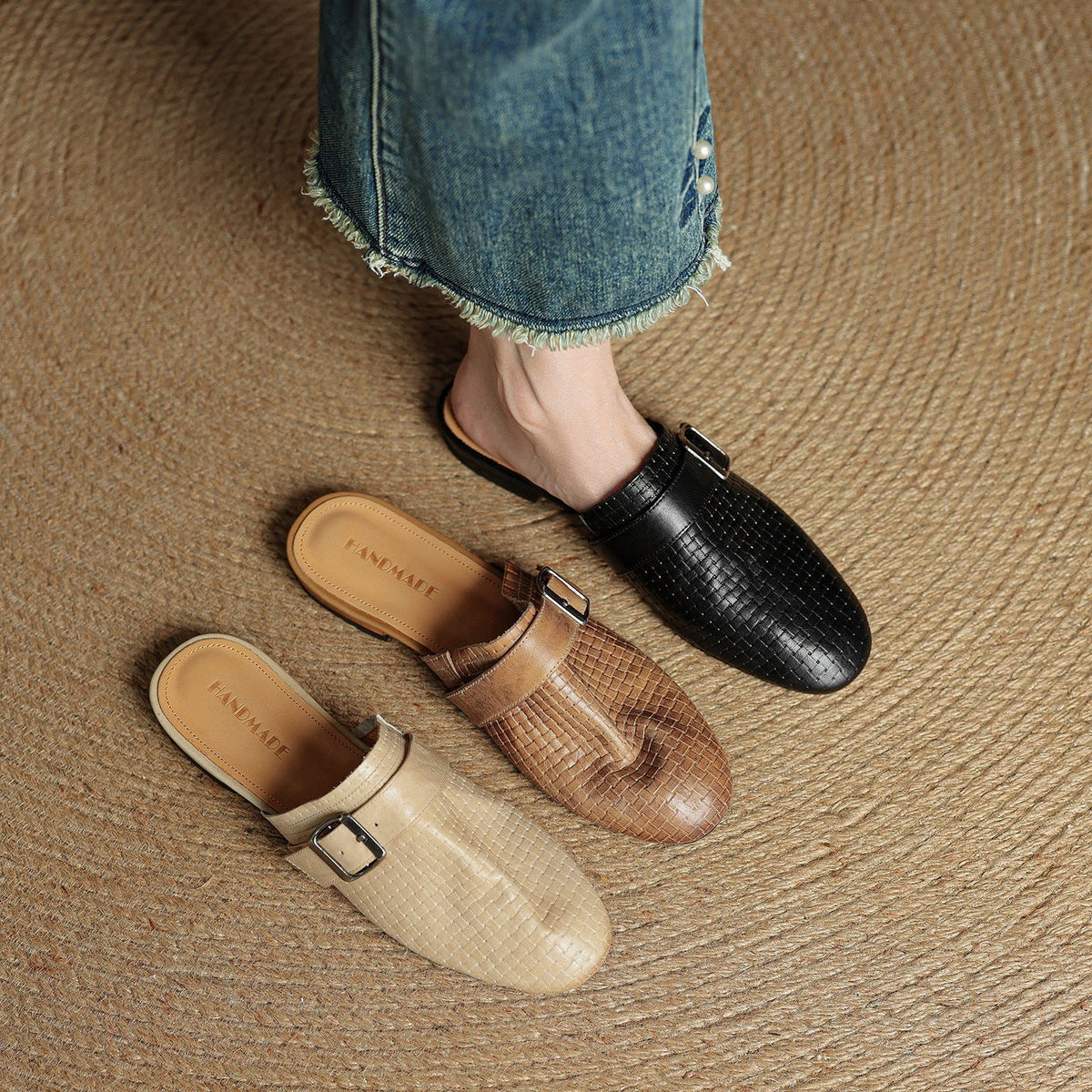 Leather mules set: beige, brown, and black with square buckle straps