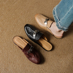 Burgundy and black genuine leather mules with square toe and silver buckle straps