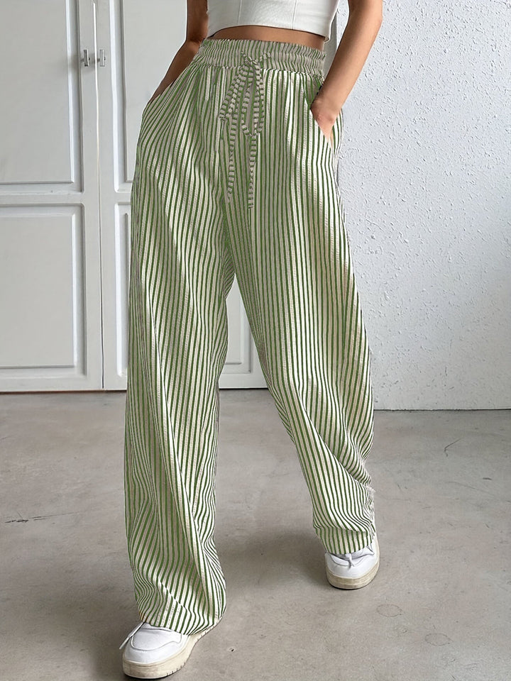 Green striped trousers with drawstring waist and wide leg