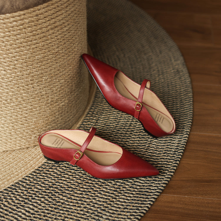 Maroon leather pointed mules with slingback strap and low block heel, pair view