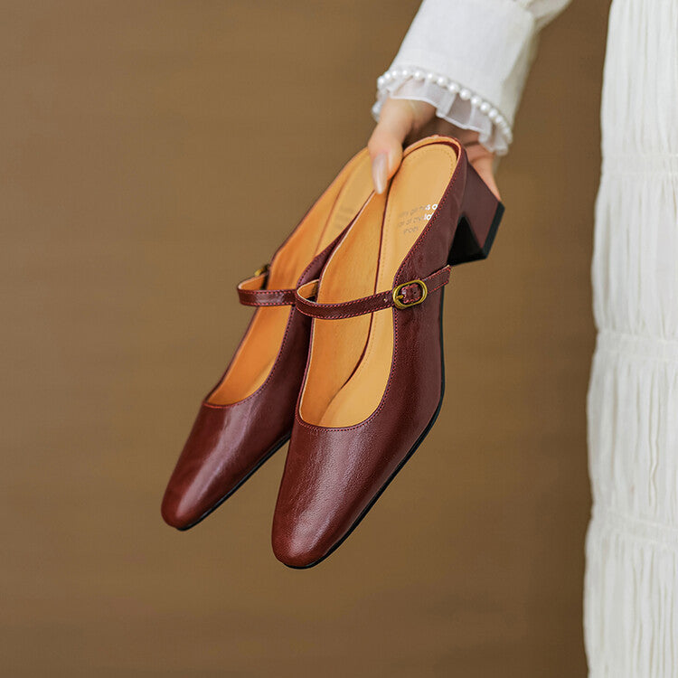Maroon leather mules with sling strap and low block heel, tan lining