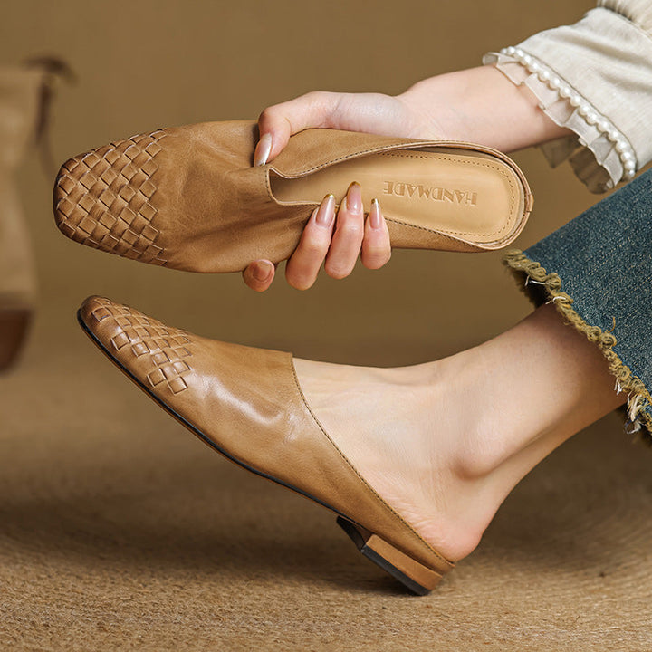 Tan khaki woven leather mules with open back and low heel, square toe