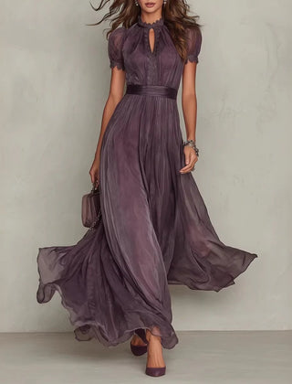 Purple chiffon maxi dress, puff sleeves and keyhole neckline, gathered waist, long skirt