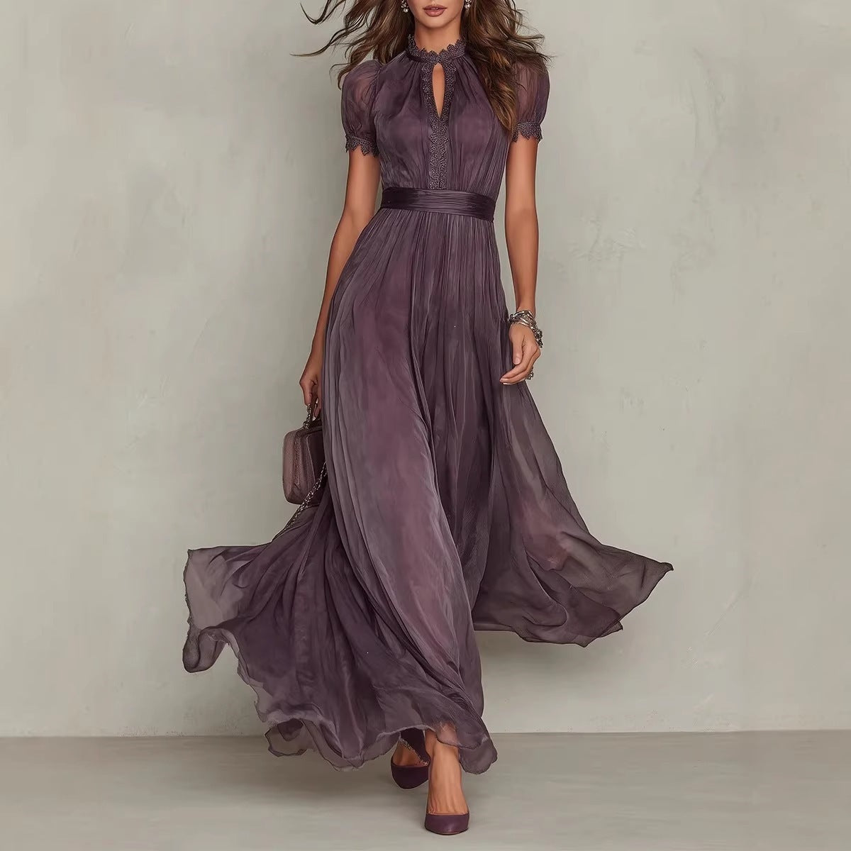 Purple chiffon maxi dress, puff sleeves and keyhole neckline, gathered waist, long skirt
