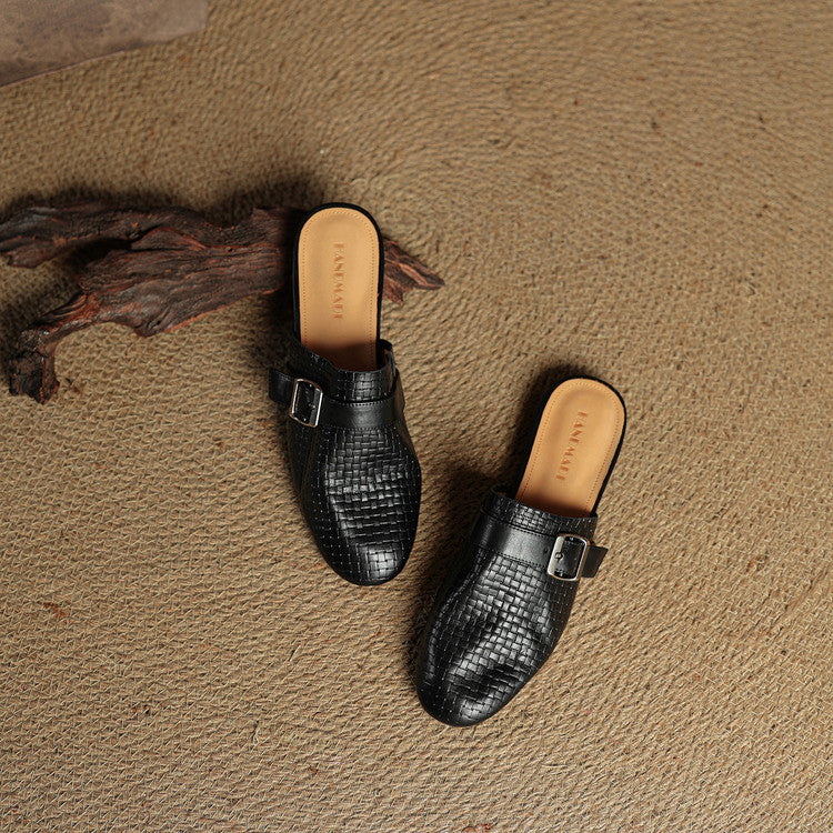 Genuine leather mules with square buckle, black slip-on