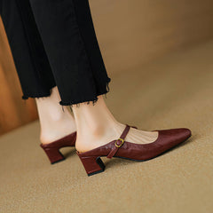 Maroon leather mule with sling strap and gold buckle, low block heel detail
