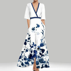 Floral wrap maxi dress, white with blue floral print, V-neck, short sleeves