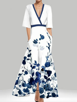 Floral wrap maxi dress, white with blue floral print, V-neck, short sleeves