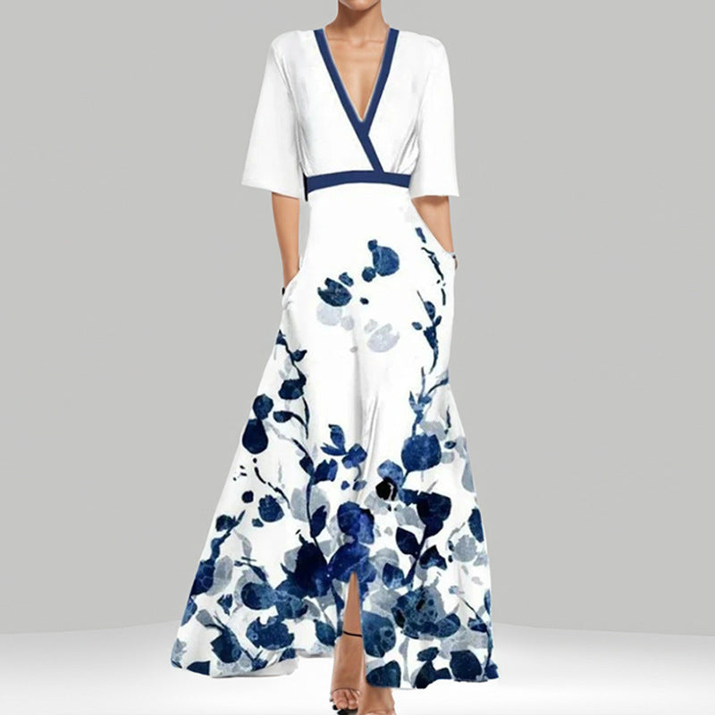 Floral wrap maxi dress, white with blue floral print, V-neck, short sleeves