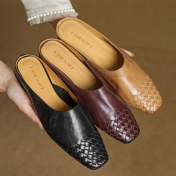 Woven leather mules in black, dark brown, and tan khaki, open back