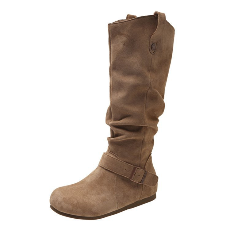 Brown suede flat-sole orthopedic boot with buckle strap and side zipper
