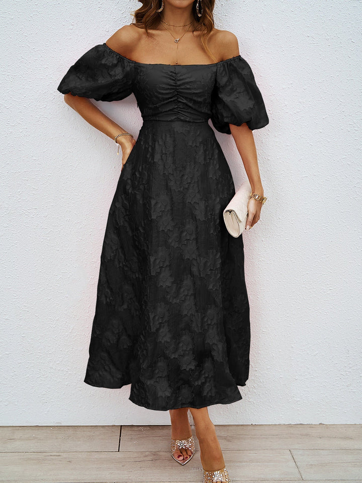 Black off-shoulder midi dress with short puff sleeves and textured ruched front