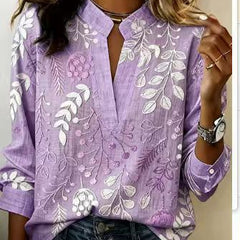 Lilac embroidered popover blouse with V-neck and 3/4 sleeves, vine and leaf pattern