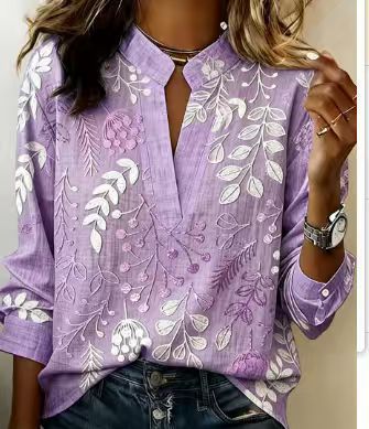 Lilac embroidered popover blouse with V-neck and 3/4 sleeves, vine and leaf pattern