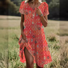 Women's midi summer dress, coral diamond print, short sleeves, button front, side slit