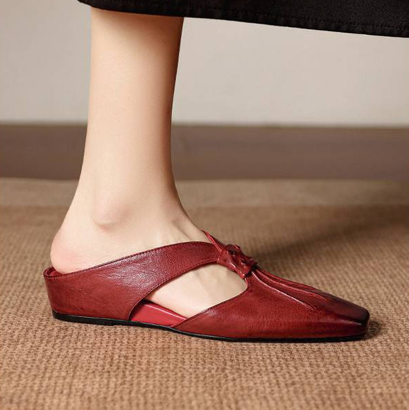 Maroon-red square-toe genuine leather mule with front cutout and stitched detail.