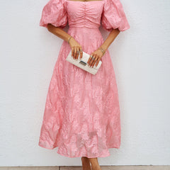 Pink off-shoulder midi summer dress with puff sleeves and gathered ruched bodice