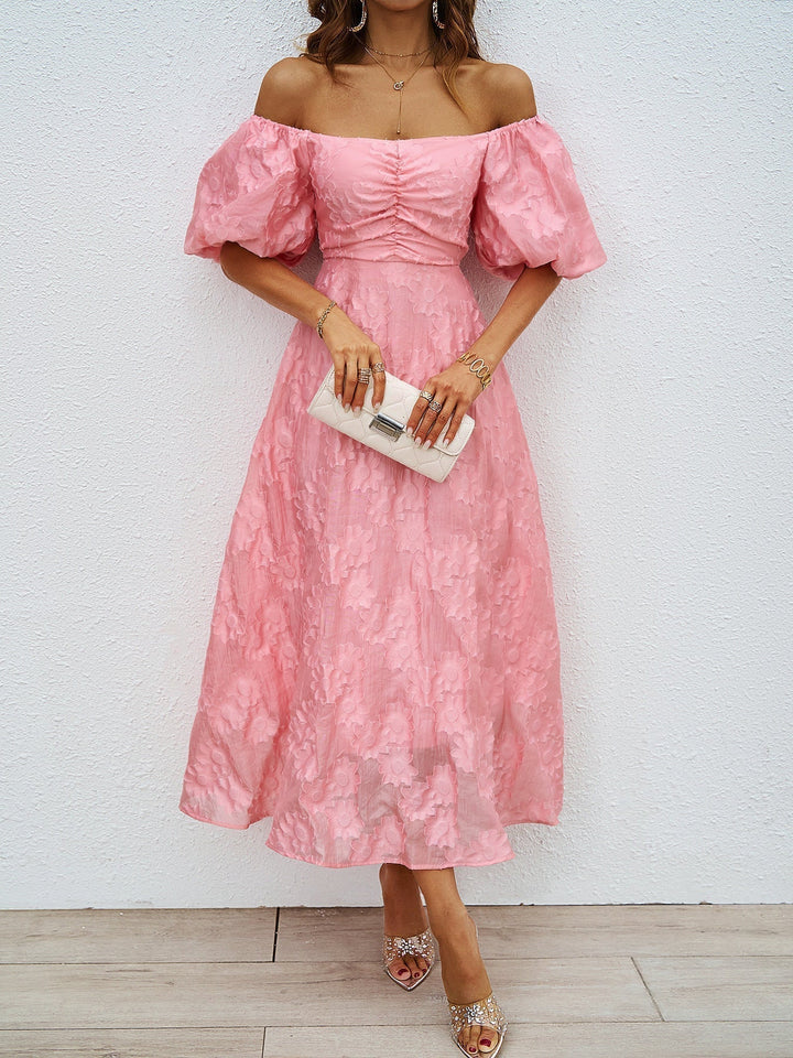 Pink off-shoulder midi summer dress with puff sleeves and gathered ruched bodice