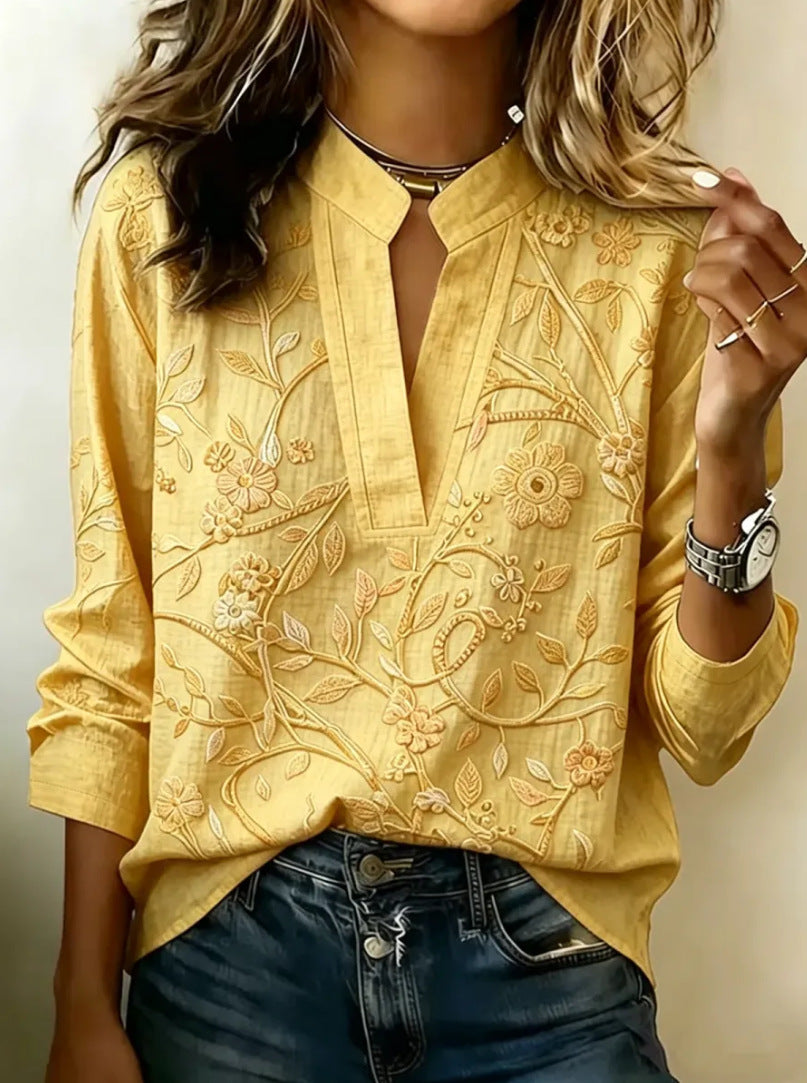 Yellow embroidered popover blouse with V-neck and 3/4 sleeves, vine floral embroidery