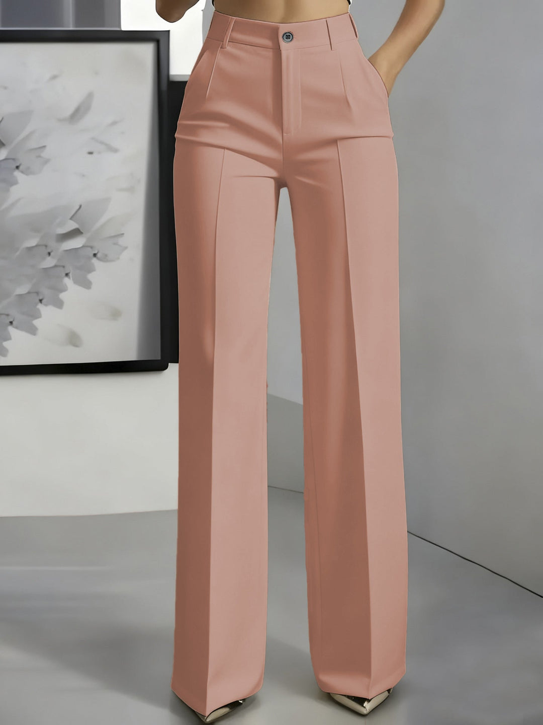 Dusty rose high-waisted straight-leg trousers with front button and pressed creases