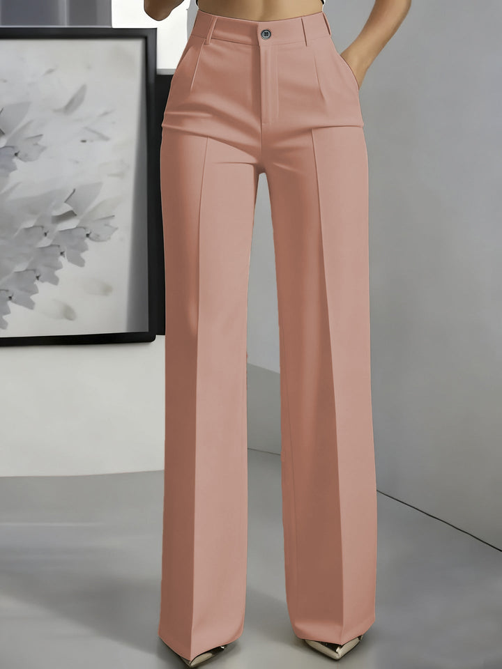 Dusty rose high-waisted straight-leg trousers with front button and pressed creases