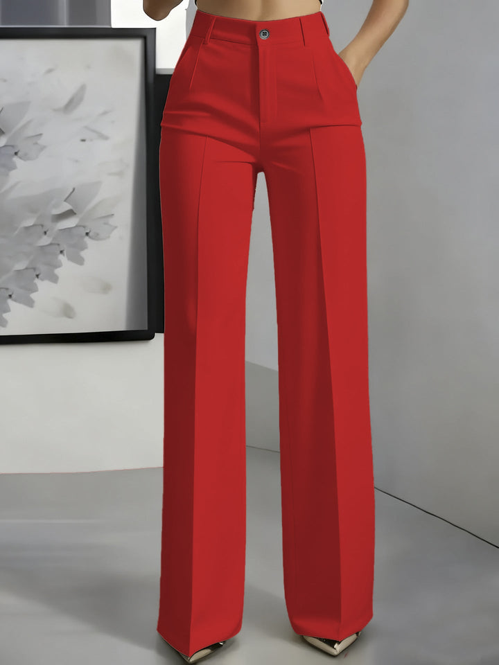High-waisted straight-leg trousers in red, button closure, straight legs.
