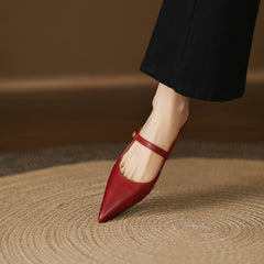 Maroon leather pointed mules with slingback strap and low block heel