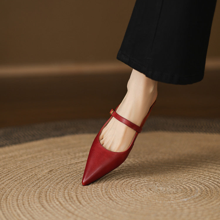 Maroon leather pointed mules with slingback strap and low block heel