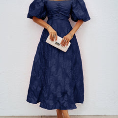 Blue off-shoulder midi dress with puff sleeves, ruched bodice, and full skirt