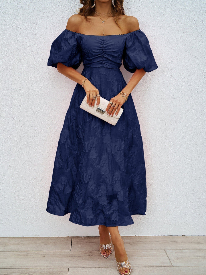 Blue off-shoulder midi dress with puff sleeves, ruched bodice, and full skirt