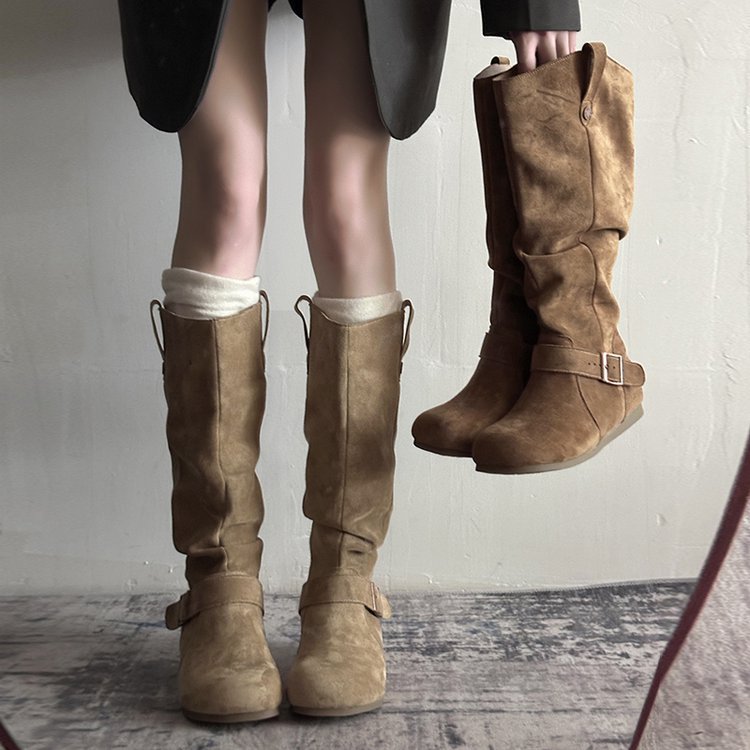 Khaki suede flat-sole orthopedic boots with side zipper and buckle strap